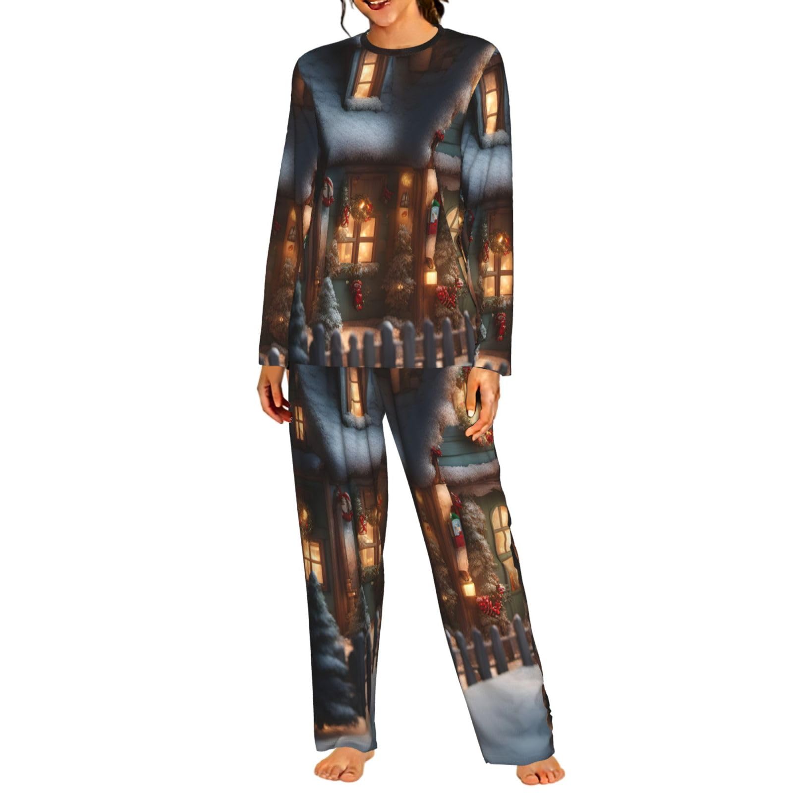 Christmas Village House 4 Stampa Donna Manica Lunga Pigiama Corrispondente Morbido Spiaggia Vacanze Nightwear Regalo Casual