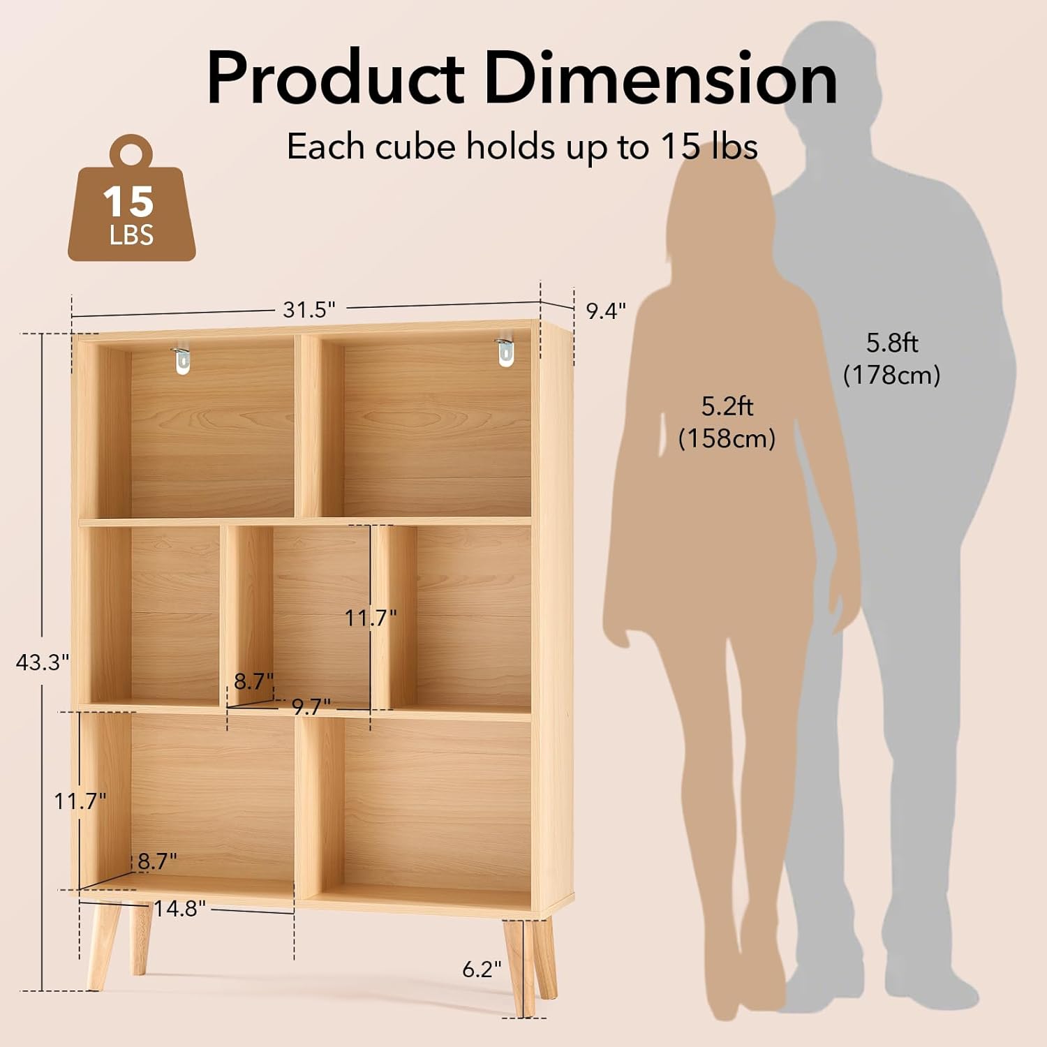 DUMOS Bookshelf, 7 Cube Book Shelf with Legs, 3-Tier Modern Wooden Bookcase, Free Standing Cube Shelf for Living Room, Bedroom, Office, Wood