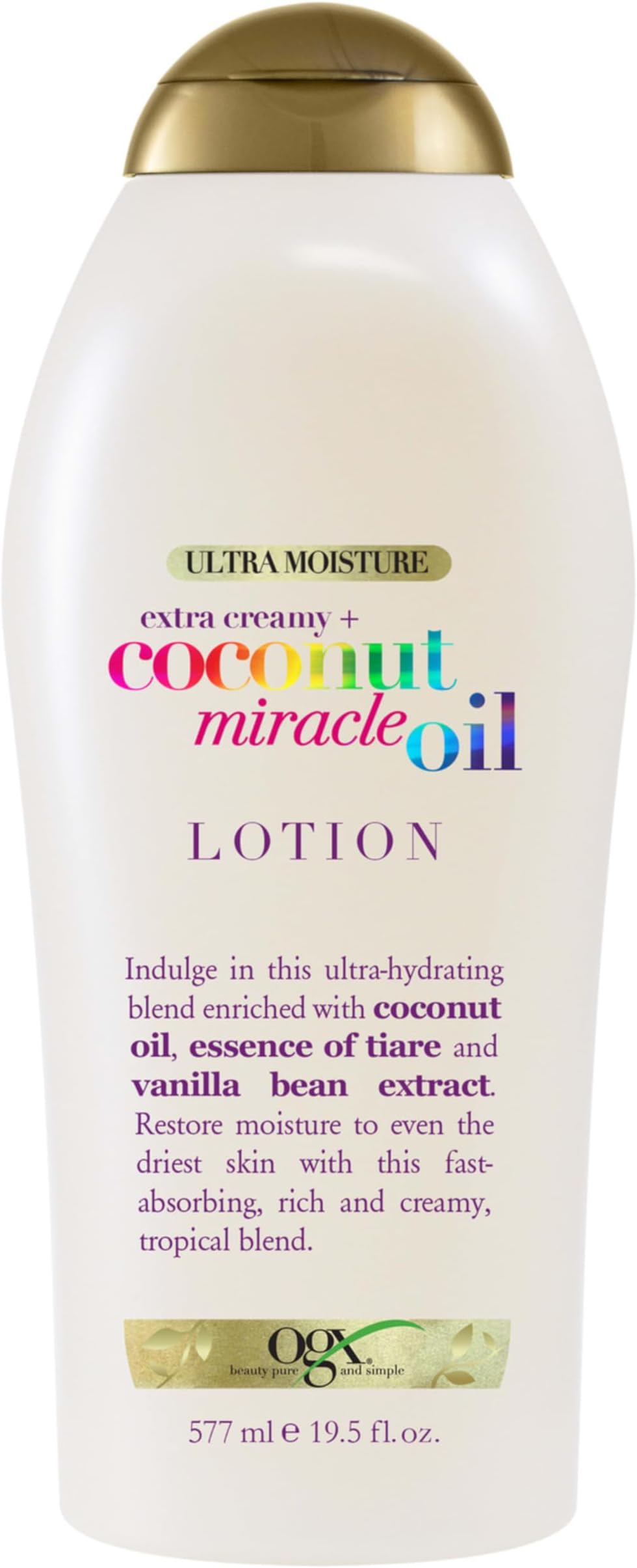 Extra Creamy + Coconut Miracle Oil Ultra Moisture Body Lotion with Vanilla Bean, Fast-Absorbing Body Lotion for All Skin Types, Paraben-Free and Sulfated-Surfactants Free, 19.5 Ounce