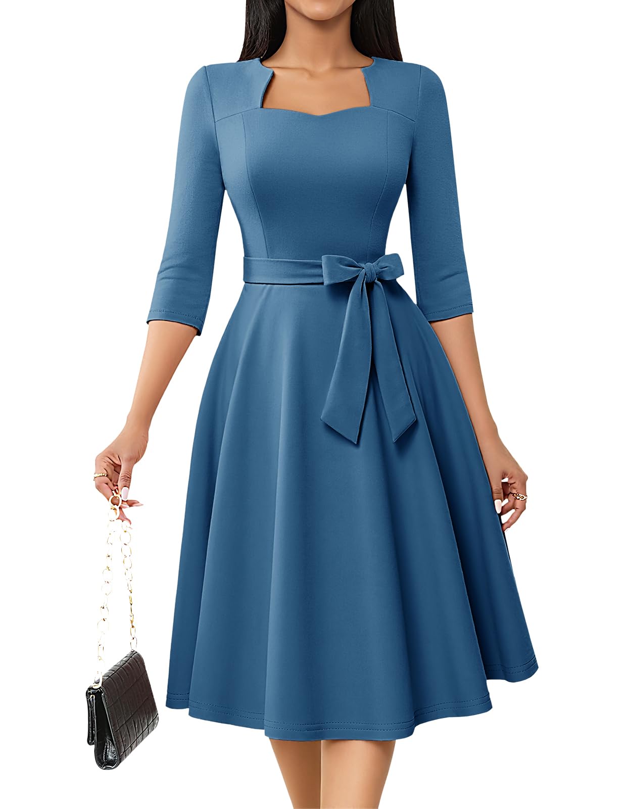 Women's Formal Cocktail Dresses Flared Wedding Guest with 3/4 Sleeves A-Line Tea Party Vintage Church Dress