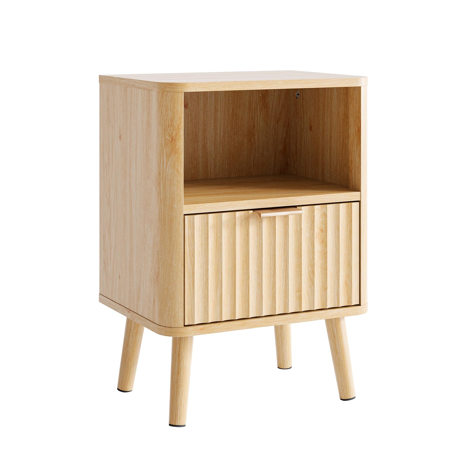 Bonnlo Mesita de Noche con Patas Madera, Mesilla de Noche 40x30x56 cm, Soporta 25 kg, Cajón Suave y Estantería Abierta, Resistente al Agua, Ideal para Dormitorios Pequeños, Color Roble