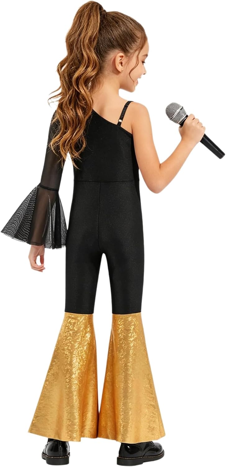MSemis Girls Sequins Gymnastics Dance Unitard One Shoulder Sleeve Bell-bottomed Jumpsuit for Disco Party