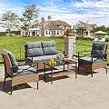 YITAHOME 4-Piece Patio Furniture Wicker Outdoor Bistro Set, All-Weather Rattan Conversation Loveseat Chairs for Backyard, Balcony and Deck with Soft Cushions and Metal Table (Light Brown+Gray)