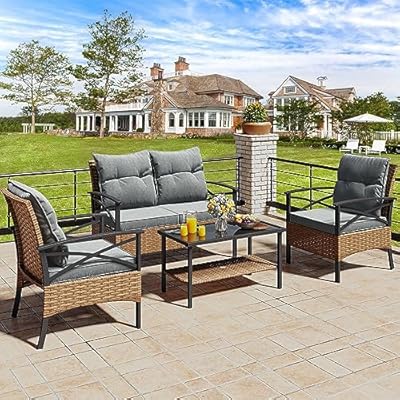 YITAHOME 4-Piece Patio Furniture Wicker Outdoor Bistro Set, All-Weather Rattan Conversation Loveseat Chairs for Backyard, Balcony and Deck with Soft Cushions and Metal Table (Light Brown+Gray)