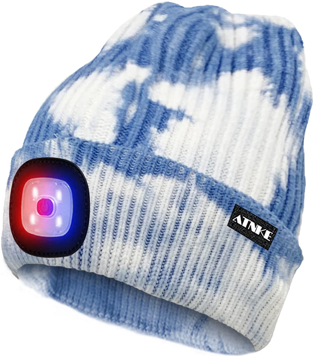 ATNKE Bright LED Lighted Beanie Cap Unisex Rechargeable Headlamp Hat Red and Blue Glow Flashing Alarm Headlamp Multi-Color (Tie Dye Blue, One Size)