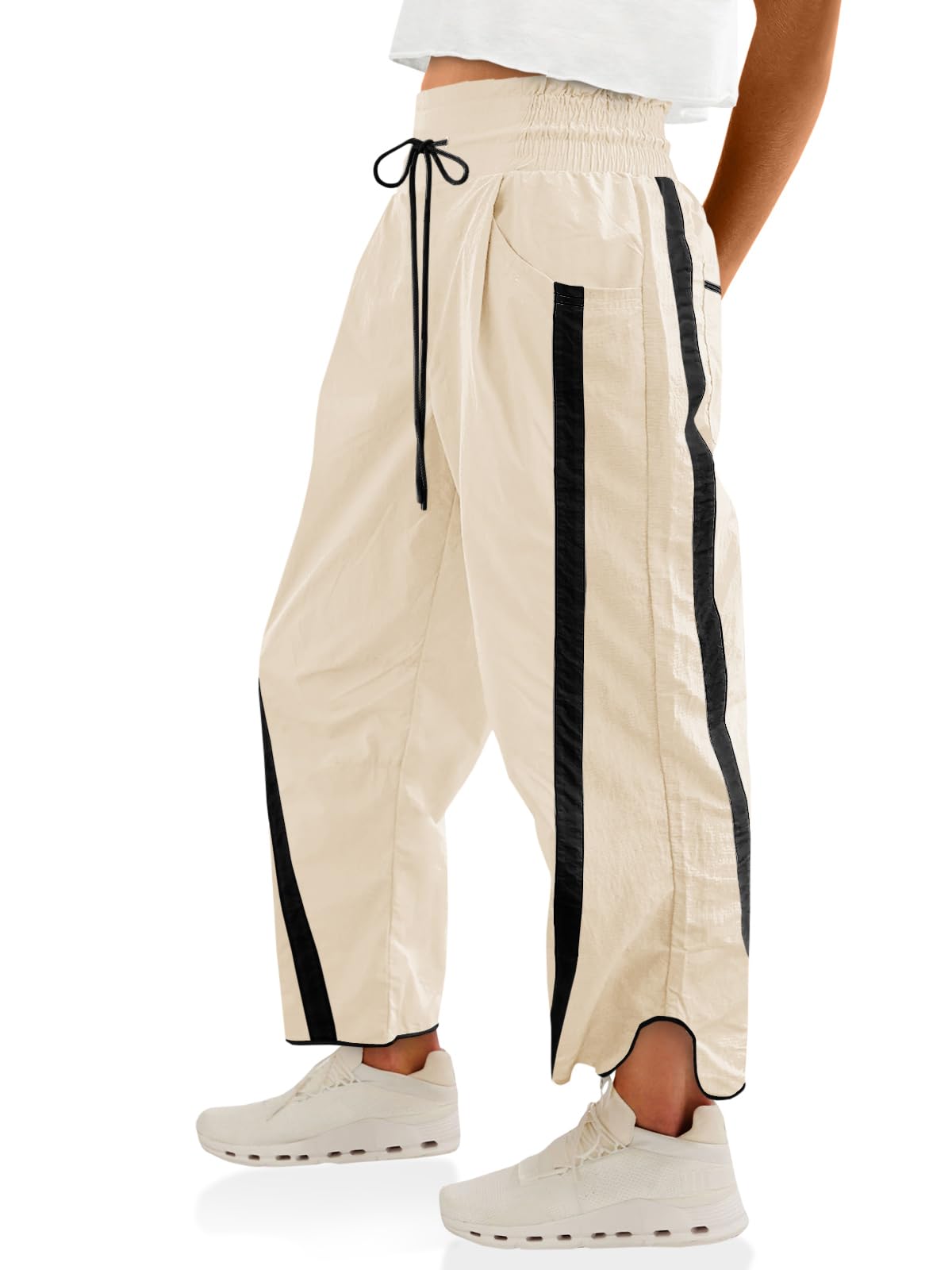 Fisoew Women's Baggy Wide Leg Pants Casual Drawstring Elastic Waisted Contrast Color Workout Y2K Track Pants