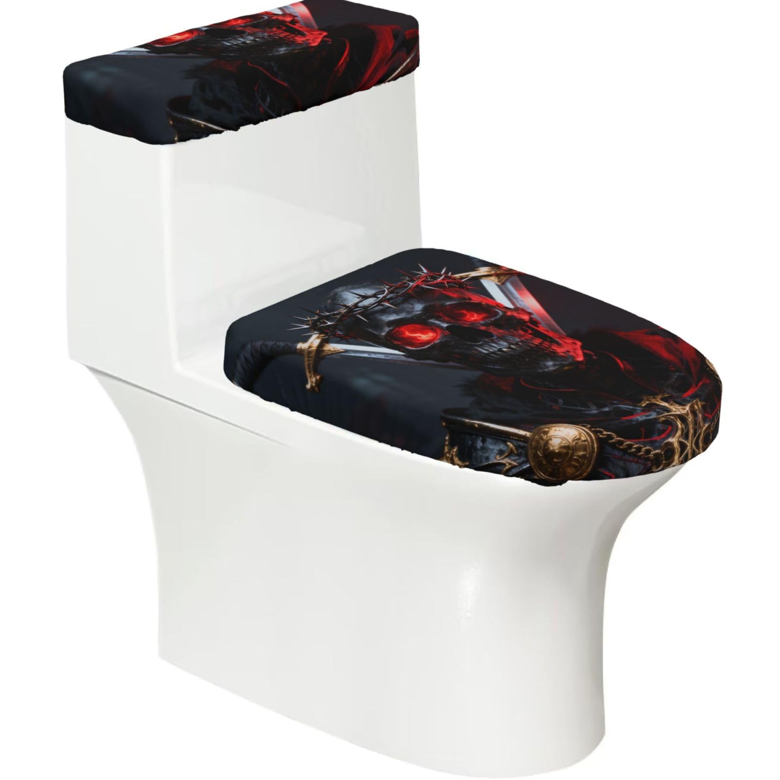 Skull Crown Elastic Toilet Cover Set of 2-Stretchy Lid and Tank Covers for Bathroom, Soft Washable U Shape Toilet Decor