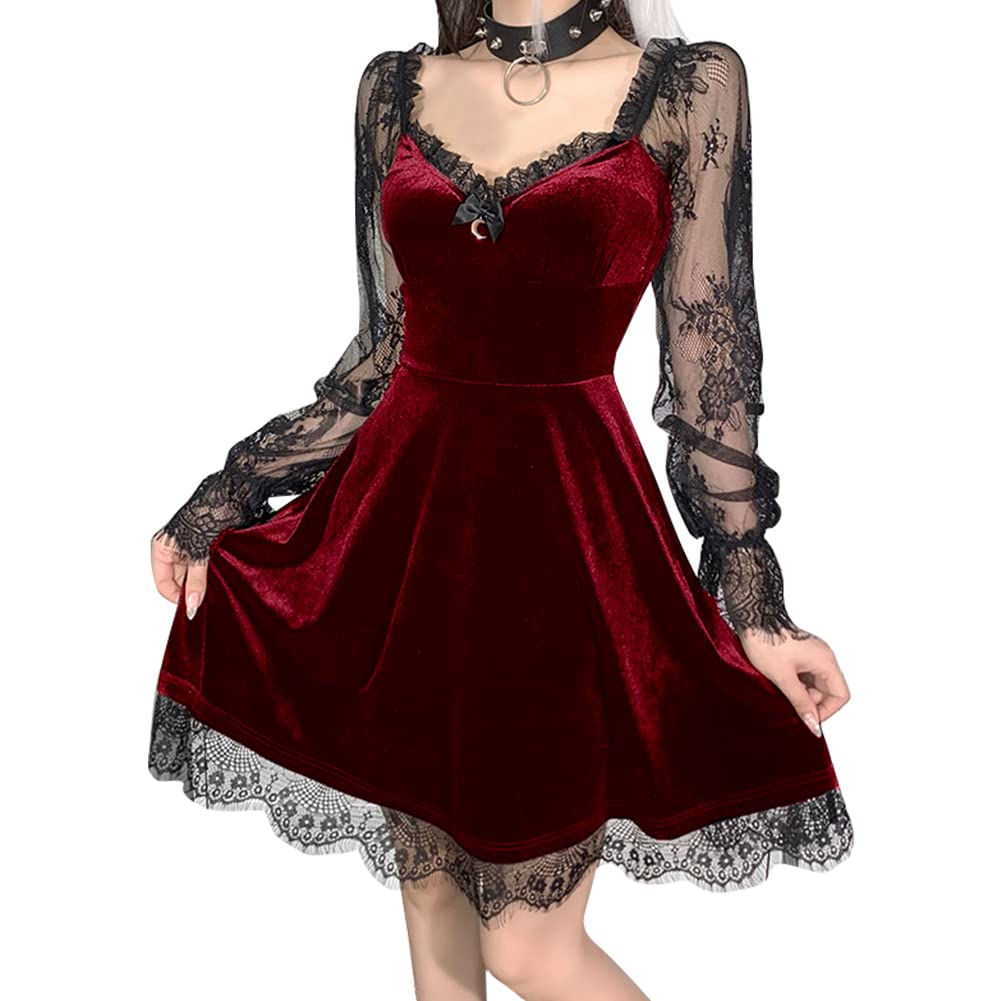 IKADEXWomen Gothic Dress Vintage Lace Grunge Punk Goth Dresses Casual Cosplay Party Cocktail