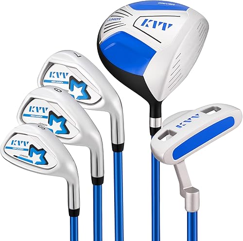 Vista 17 de KVV Junior - Juego completo de palos de golf para niños y niños, mano derecha, incluye conductor de gran tamaño, hierros, putter, cubierta