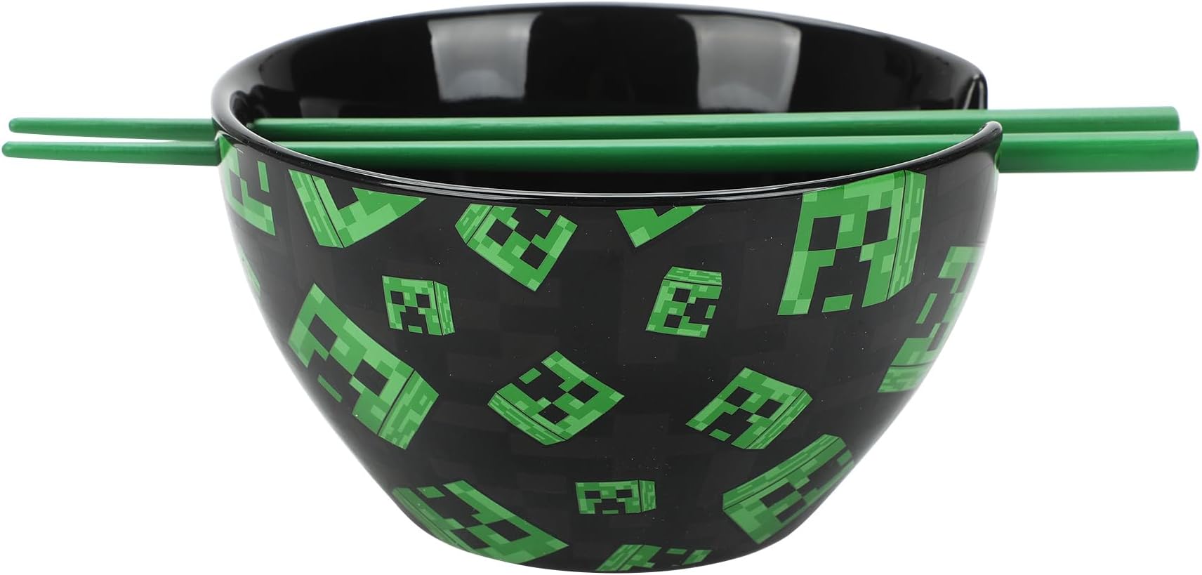 Minecraft Creeper Faces 20 Oz Black Ceramic Ramen Bowl With Plastic Chopsticks