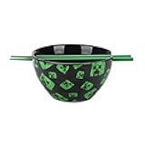 Minecraft Creeper Faces 20 Oz Black Ceramic Ramen Bowl With Plastic Chopsticks