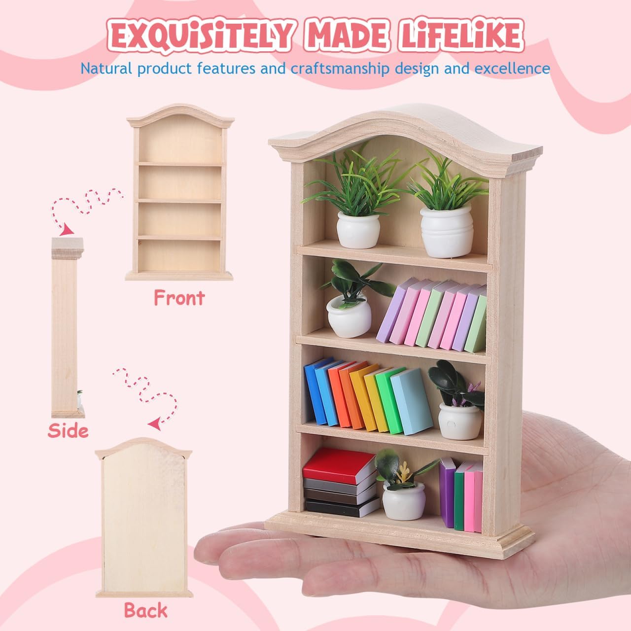 IMIKEYA 1 12 Scale Dollhouse Bookshelf with 24 Miniature Books & 5 Doll House Plants, Miniature Dollhouse Furniture Bookshelf Tiny Library Decor for Mini House