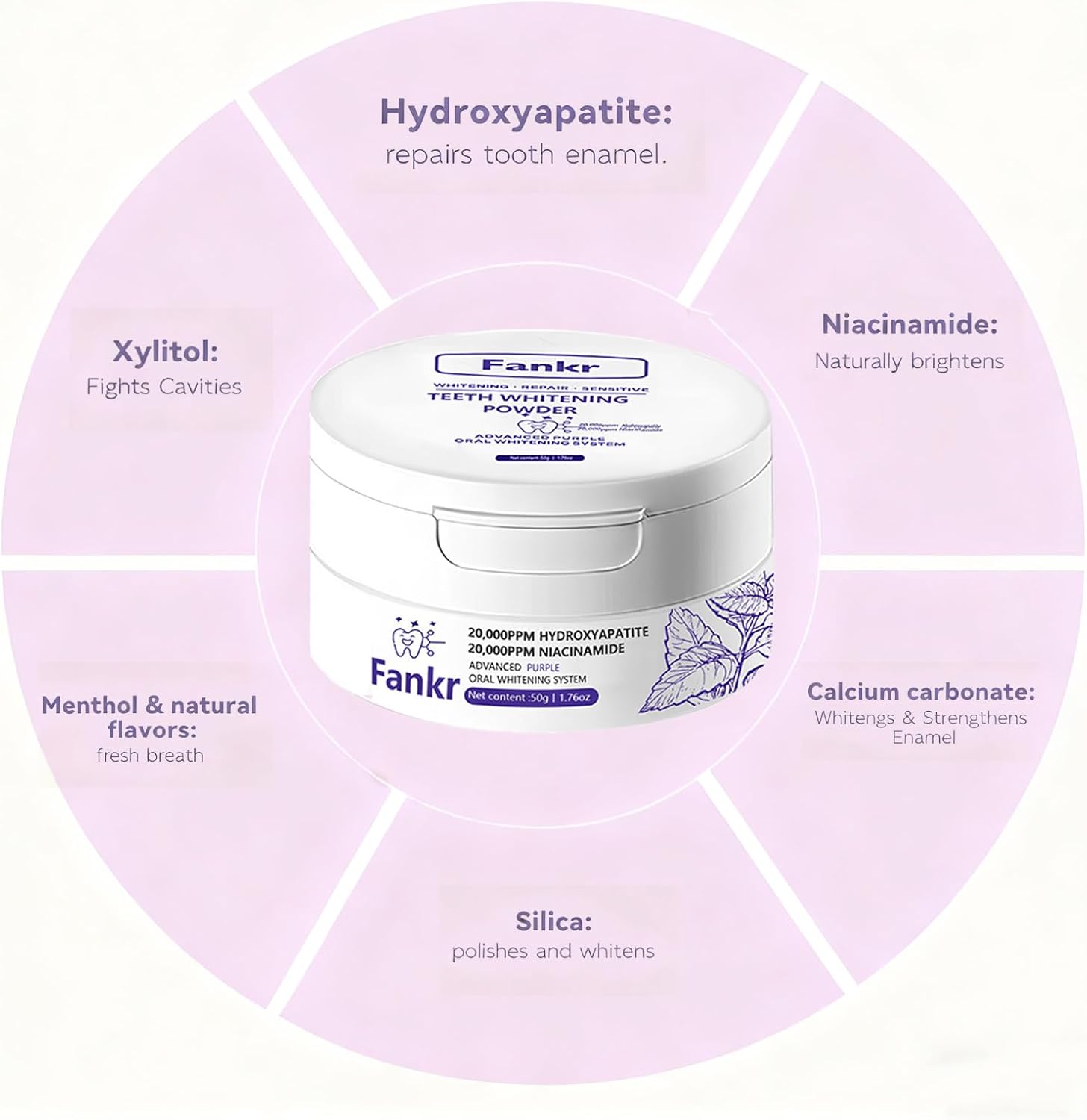 Teeth Whitening Powder with 20,000ppm Hydroxyapatite & 20,000ppm Niacinamide – Instant Brightening, Patent-Pending R5X Remineralizing Complex, Purple Color Corrector Mint Formula, 50g, 3-Month Supply - Image 5