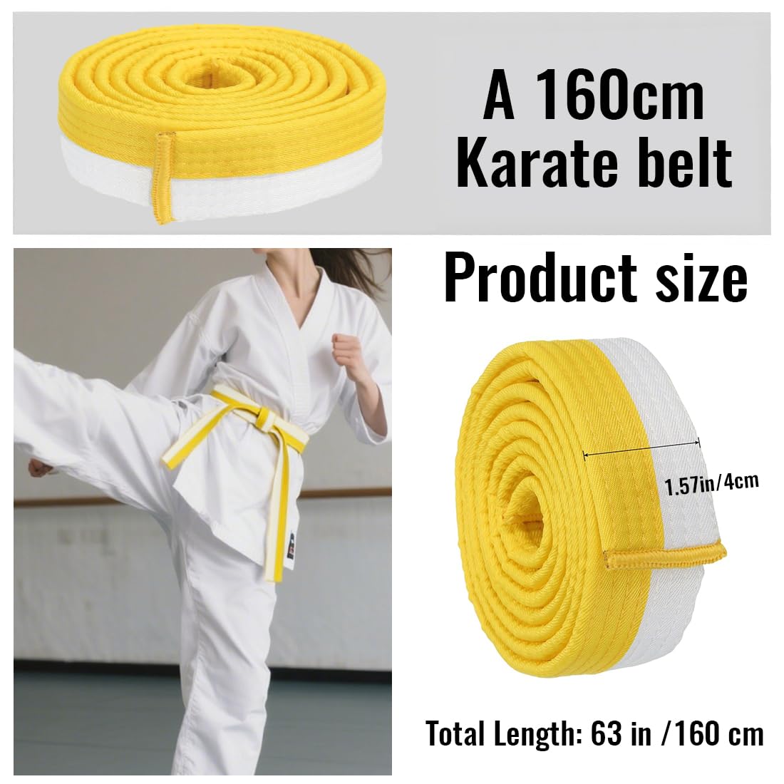 1 pcs Blanco amarillo Cinturón Taekwondo, Cinturón de Judo, Cinturón de Artes Marciales, Cinturones de Judo de Karate, Cinturón de Taekwondo Para Artes Marciales, Cinturón de Taekwondo, 160cm