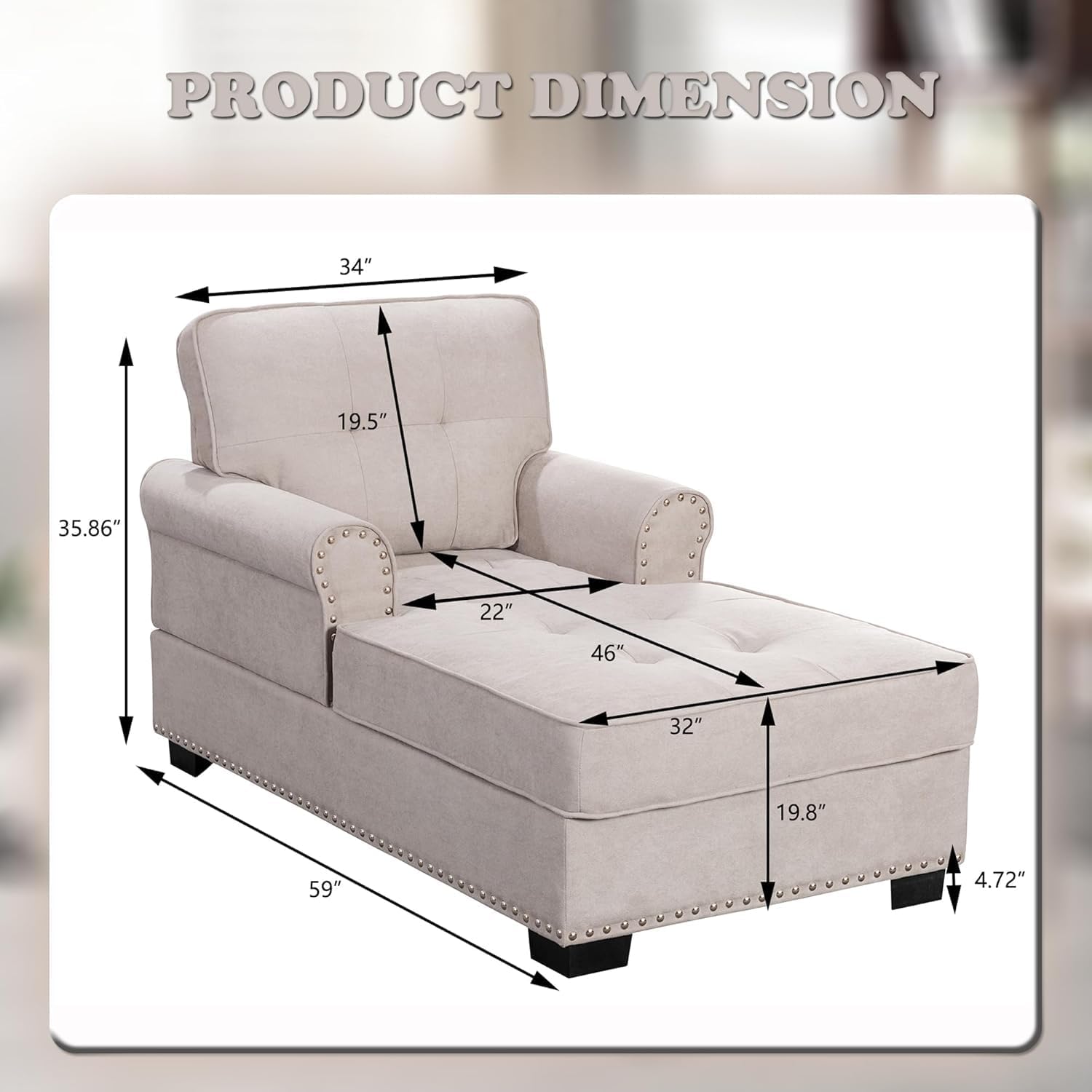 59" Chaise Lounge Indoor Bedroom, Velvet Chaise Sofa Sleeper with Tufted Back, Armrests and Rivets, Comfy Upholstered Reading Chair for Living Room Apartment, 480 LBS Weight Capacity