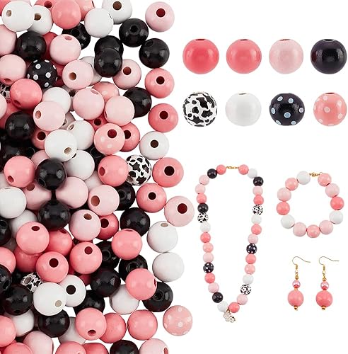 PH PandaHall 218 cuentas de madera con estampado de vaca de 0.630 in, 8 estilos pintados de granja, cuentas espaciadoras para Navidad, Acción de