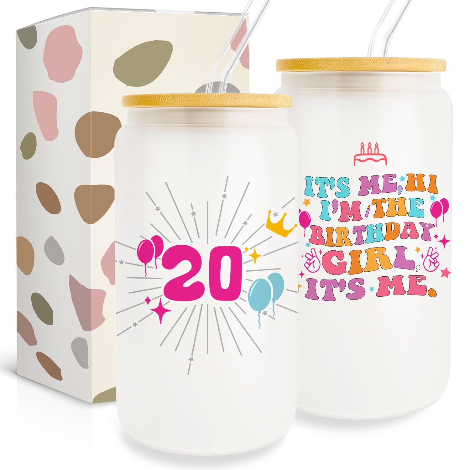 Pfkfo Its Me Hi I'm The Birthday Girl Its Me Glass Cup, 20th Birthday Gifts for Girls 20 Year Old Girl, 16 oz Glass Cups with Lid and Straw, Happy