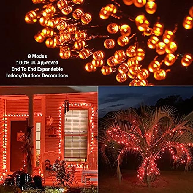 Halloween Indoor String Lights Orange - 220 LEDs 82ft/25m Memory Function 8 Modes End-to-End Plug in Outdoor Waterproof Fairy Twinkle Tree Fall Lights for Autumn/Thanksgiving Day/All Saints' Day/Yard