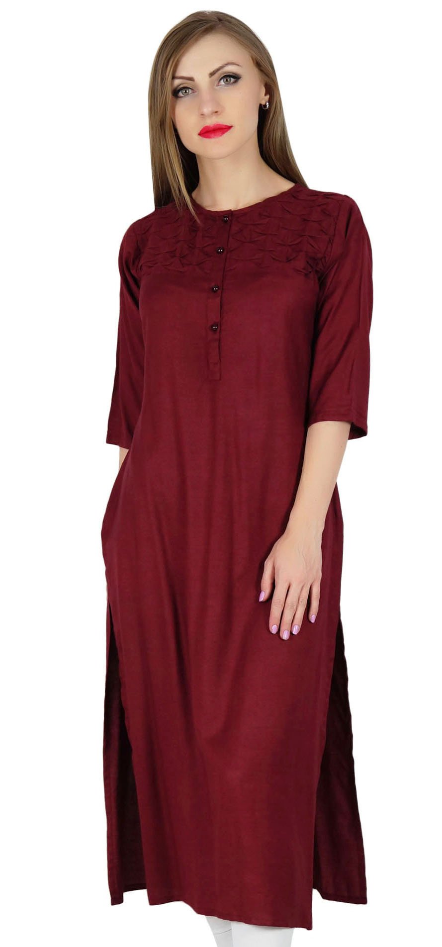 Bimba Women's Maroon Rayon Straight Kurta Kurti 3/4 Sleeve Casual Summer Blouse