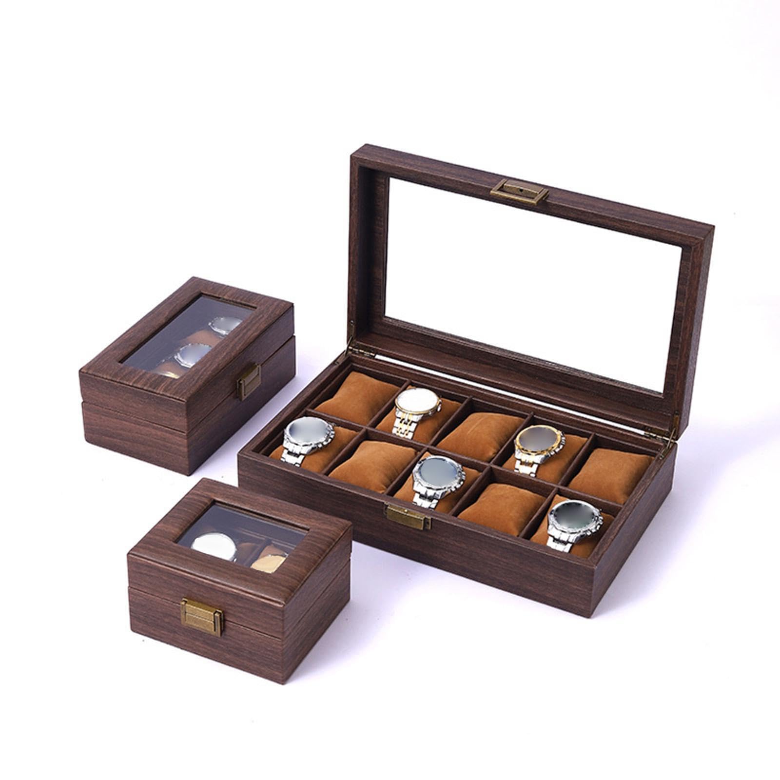 Exquisite Uhrenbox aus Holz mit Glasdeckel, ideal für Reisen und als Reiseetui. Tragbare Uhrenbox aus Holz, abschließbar, für Damen und Herren.