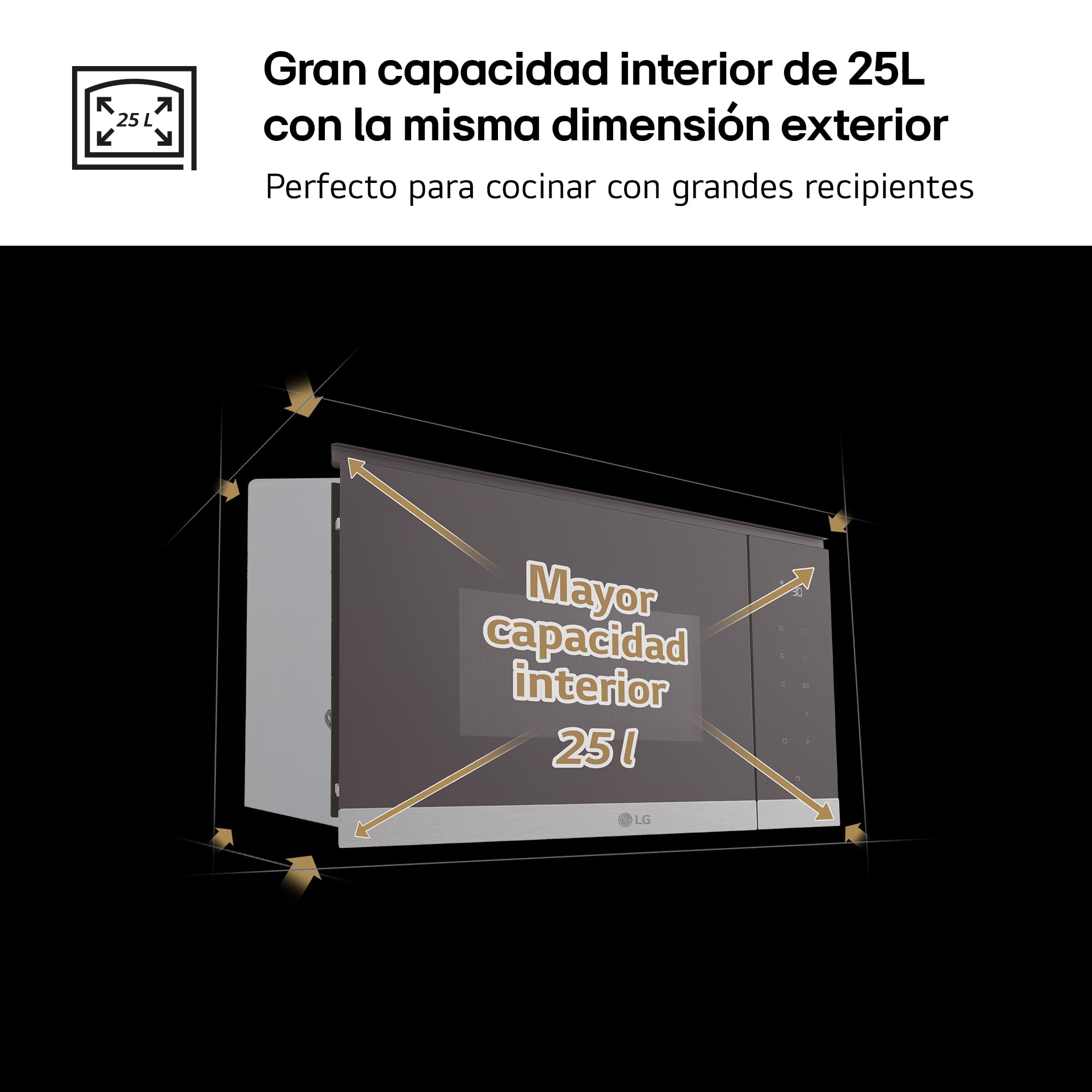 LG Microondas Grill Integrable MG7Z2593D, 900W, 25L, Negro y Acero, Control Táctil, Descongelación Automática