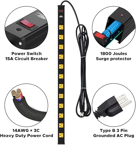 Miniatura 4 de CRST Regleta protectora de sobretensiones de alta resistencia, amplia espaciada, 12 tomas de corriente, cable de extensión de 15 pies de largo con