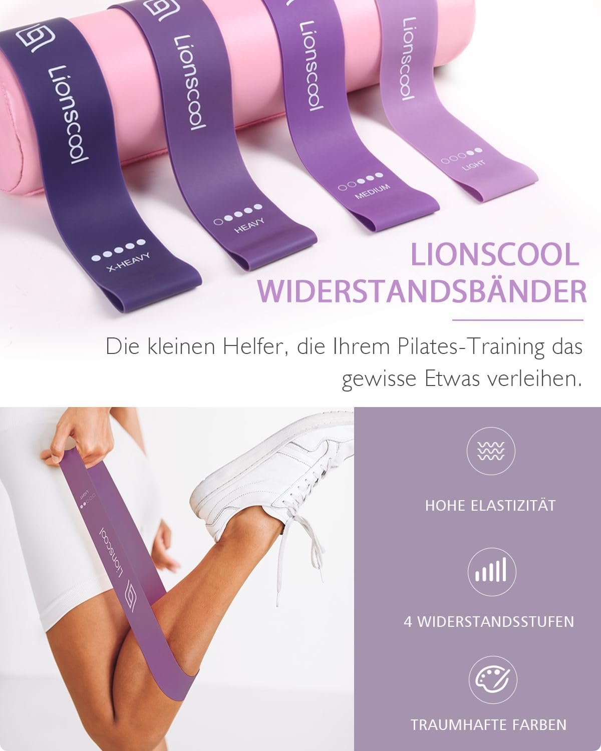 LIONSCOOL Pilates-Ring-Set – 14“/35cm Magic Circle mit Doppelgriffen – Inkl. platzfestem Miniball, Widerstandsbändern, Anleitung und Tasche