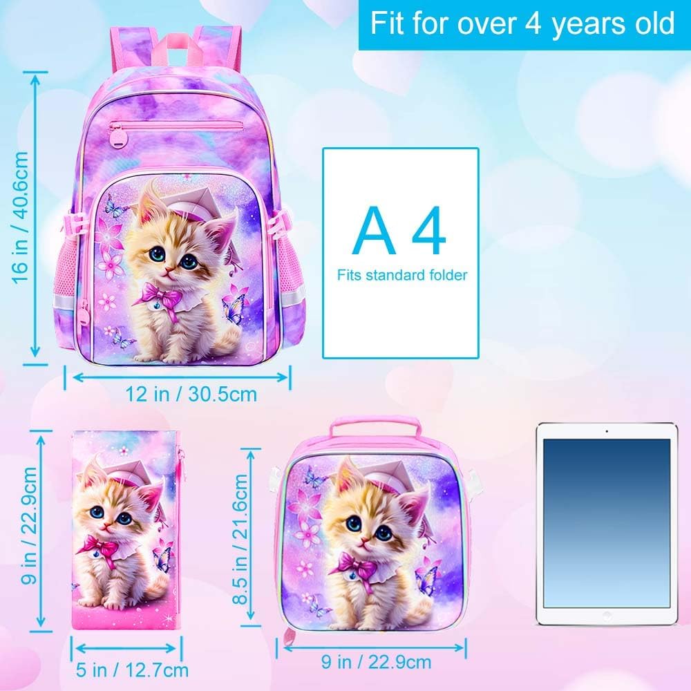 3PCS Girls Backpack, 16" Sequin Prechool Elementary Bookbag and Lunch Box