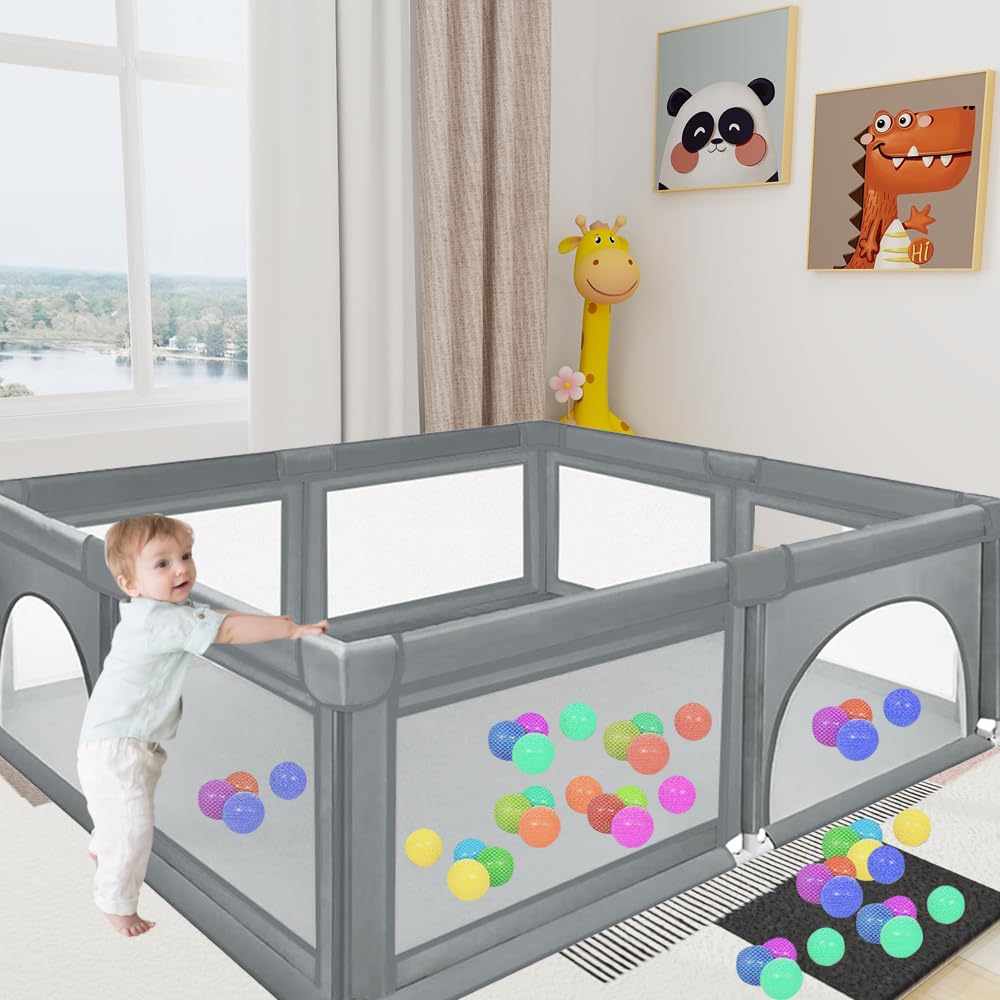 Parque para bebés, parque de juegos para interior y exterior, tejido Oxford, malla transpirable visible, con bolsa de almacenamiento, 50 bolas oceánicas (gris oscuro)