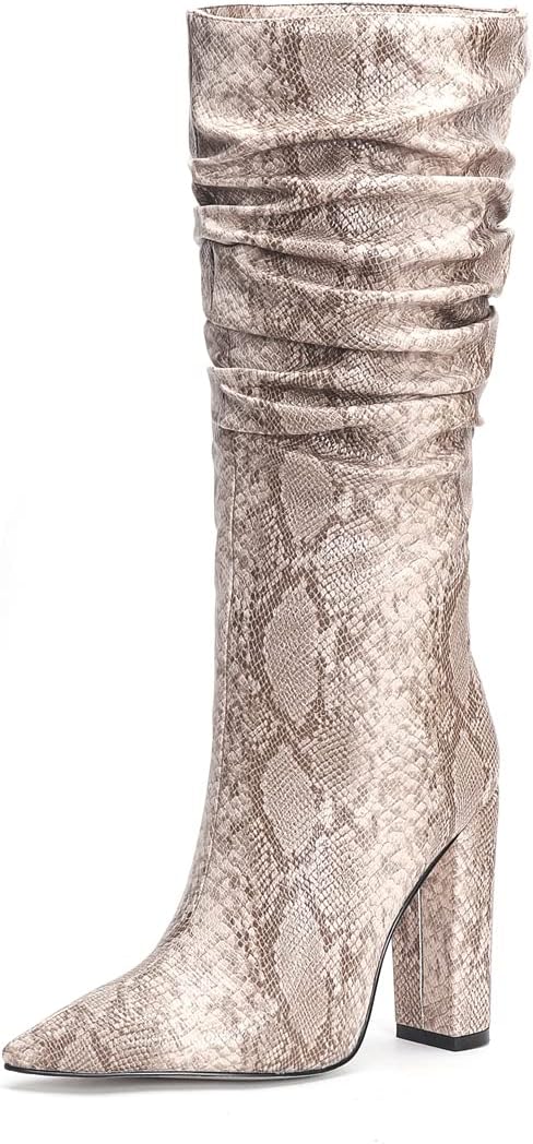 UP2STEP Women Sexy Snake Skin Prints Slouchy Knee High Boot Chunky Heel Pointed Toe Block Heel Dress Boots