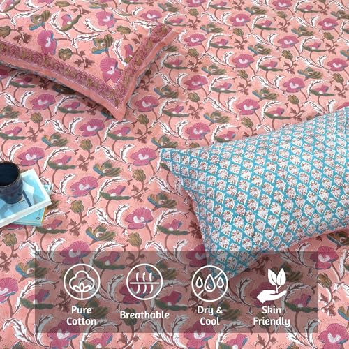 Image of TOAI Hand Block Printed Bedsheet | Bed Spread Flatsheet Bed Sheet | Pure Cotton | King Size 108 inchx108 inch | 210 TC Luxury Cotton | 2 Reversible Pillow Covers |French Poppies