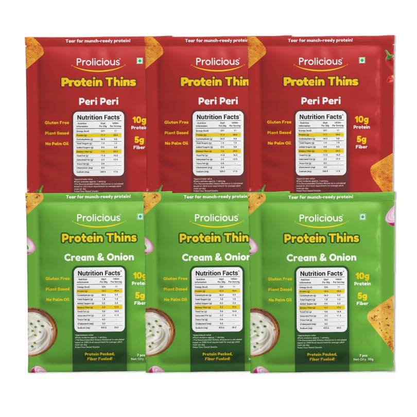 Image of Prolicious Gluten free Thins Combo| High Protein & High fiber | Healthy Snacks | No Palm Oil | Cream & Onion and Peri Peri (50g Each, Pack of 6)