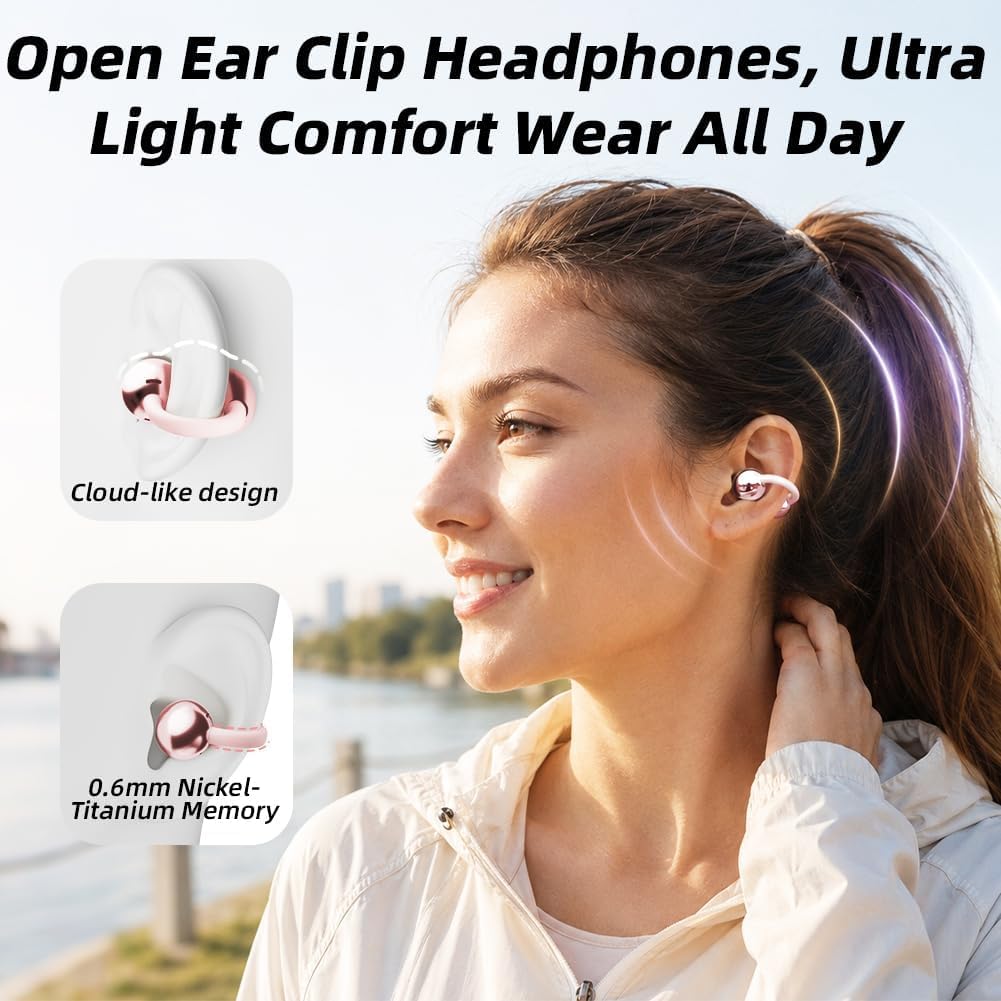 Auricolari Bluetooth a clip con custodia di ricarica e piccolo specchietto per il trucco, Bluetooth 6.0, suono stereo a conduzione ossea, batteria a lunga durata e comfort per tutto il giorno