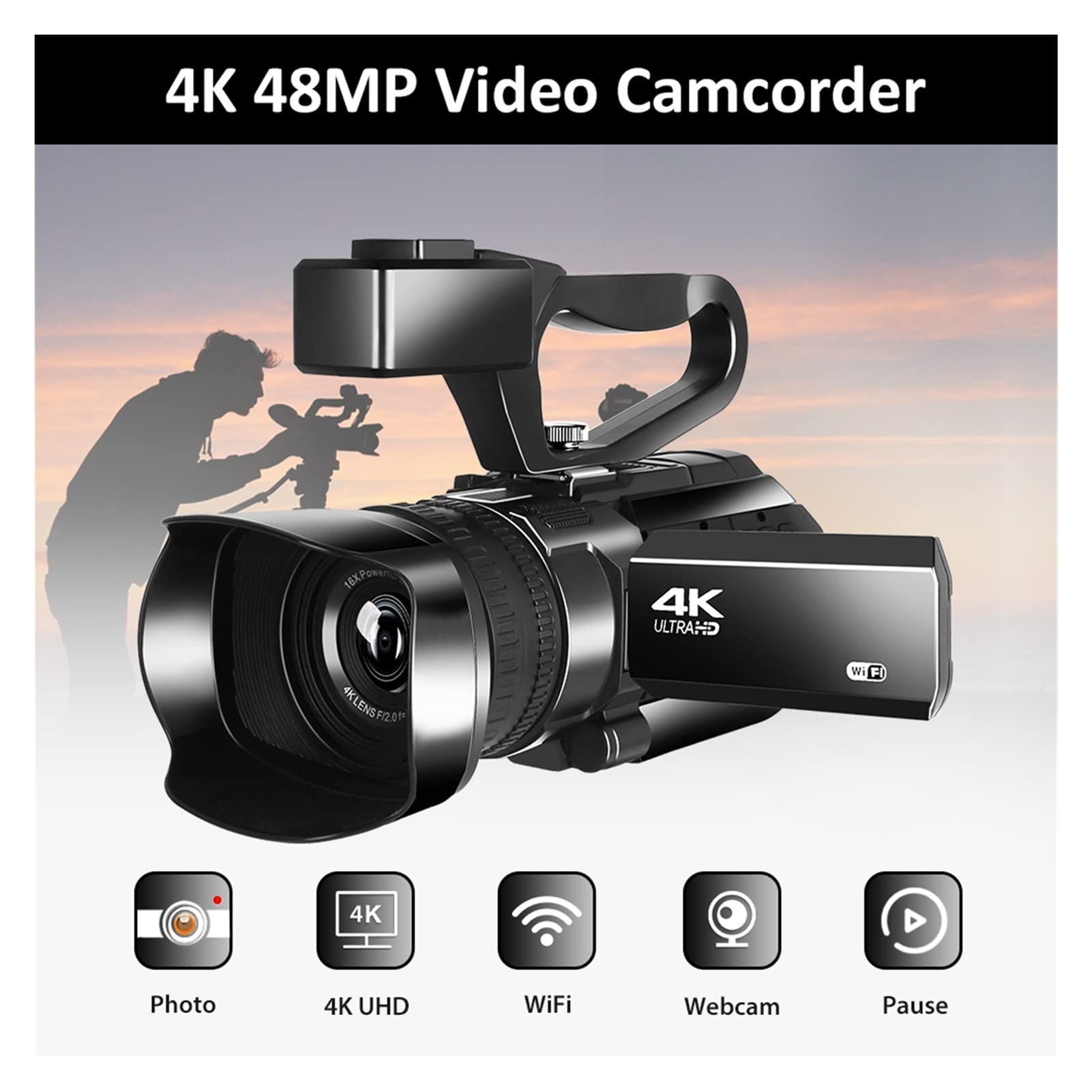 Videocamera, Streaming Live di videocamera 4K for la Registrazione Vlog 4 8mp WiFi 30x Fotocamera del registratore Touch Screen da 3,0 Pollici Digitale(128GB SD Card)