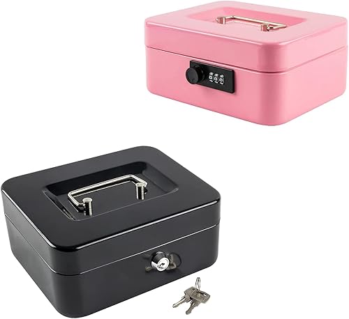 KYODOLED Caja de dinero mediana con bandeja de dinero, pequeña caja de seguridad con llave, cajón de efectivo, 7.87 x 6.30 x 3.54 pulgadas, mediana