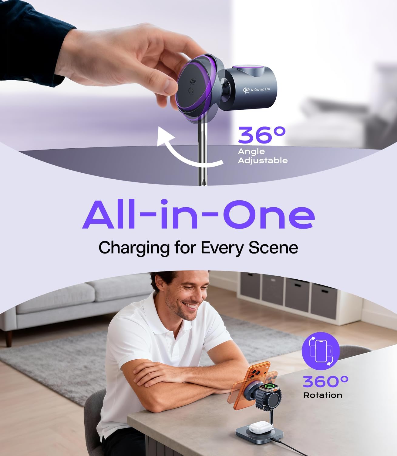 Qi2.2 Certified 25W Fast Charging Station with Cooling Fan, 3 in 1 Wireless Charger Design for MagSafe Charger for iPhone 17/16(iOS 26)/Pixel 10, Charging Stand with 45W Adapter for iWatch & AirPods - Image 9