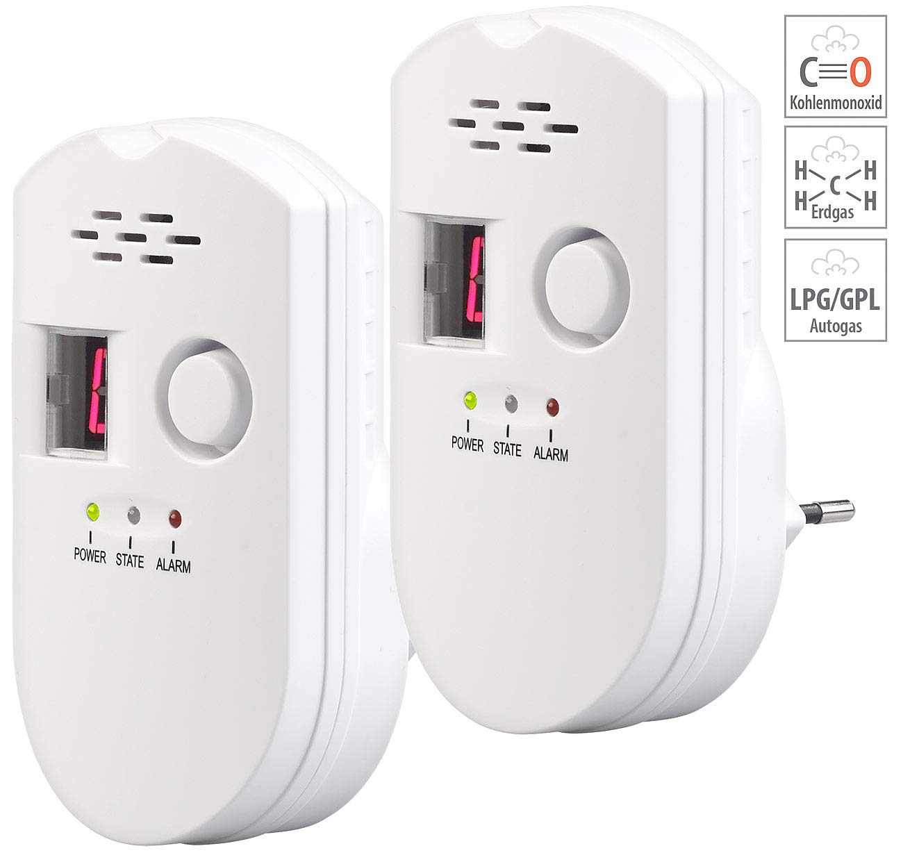 VisorTech Gasmelder Propan: 2er-Set Steckdosen-Multi-Gasmelder für Erdgas und Autogas, 85 dB (Gasmelder Camping, Gas-Messgerät, Auto Heizung)