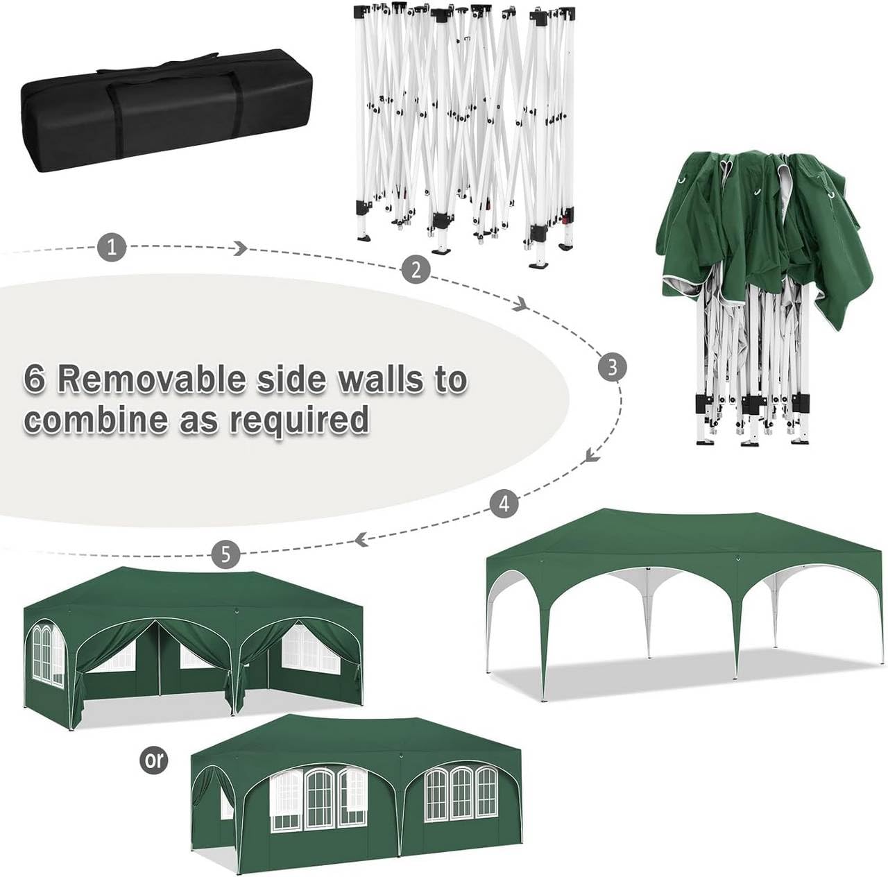 Pavillon 3x6m, wasserdichtes Partyzelt mit UV-Schutz 50+, höhenverstellbar, grün Faltpavillon mit 6 Seitenwänden, klappbar, Oxford-Stoff, Tragetasche – Gartenpavillon für Events, Hochzeit, Camping