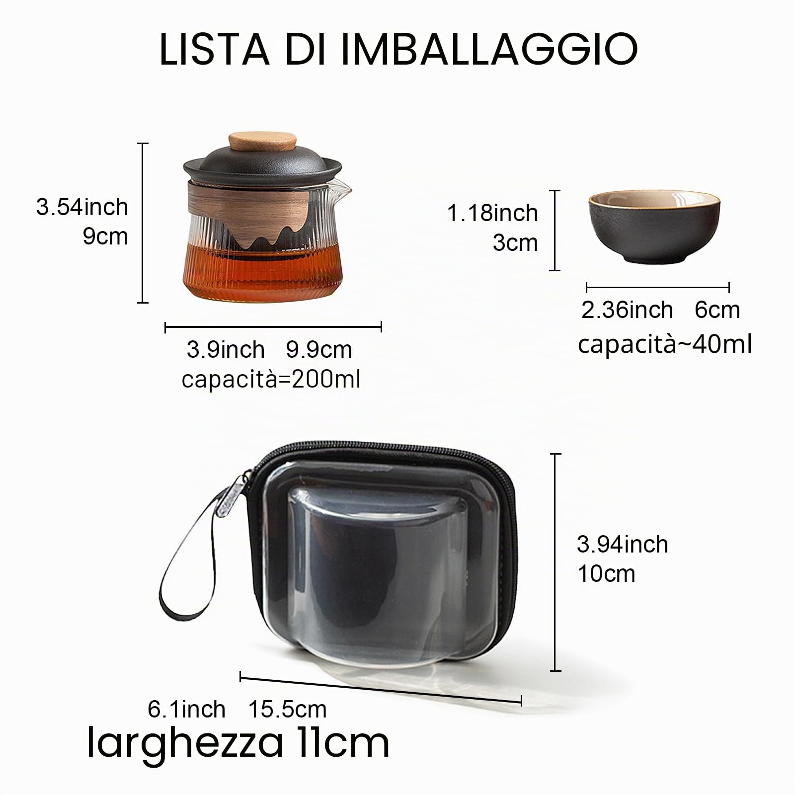 fanquare Set da Tè Portatile da Viaggio Teiera in Vetro Kung Fu Cinese in Porcellana Nero con Infusore Mini 1 Vaso 2 Tazze per Adulti