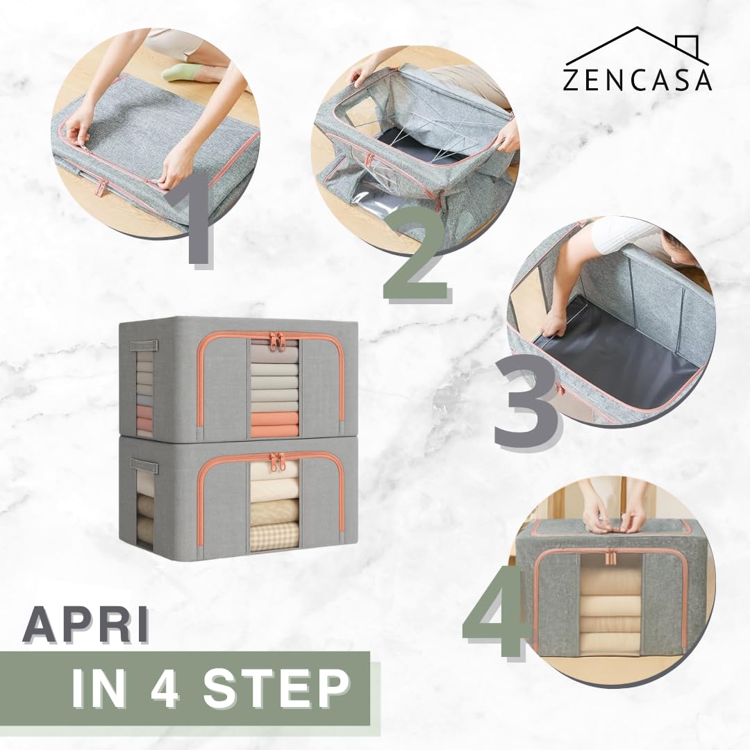 4 Scatole per Armadio Rigide con Cerniera da 66L, Set da 4 Contenitori per Armadio Salvaspazio, Organizer Armadio con Struttura in Metallo Pieghevole (66L (50x40x33cm), 4, unità)