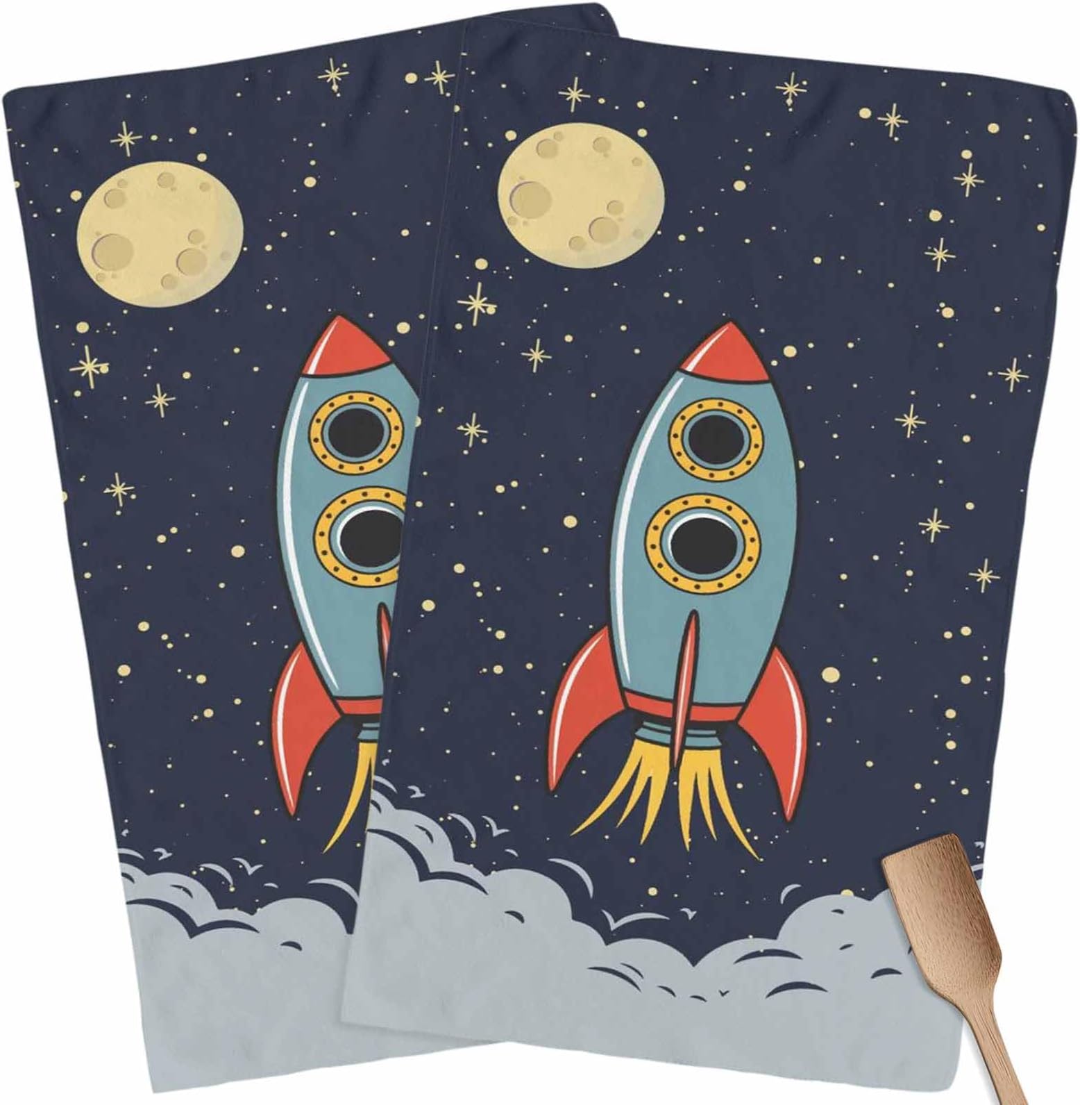 Cartoon Space Rocket Launch Stars and Moon Kitchen Towels Soft Absorbent Dish Towels Fast Drying Hand Cloths Hanging Reusable Cleaning Dishcloths,Outer Planet 2 Pack,28x18In