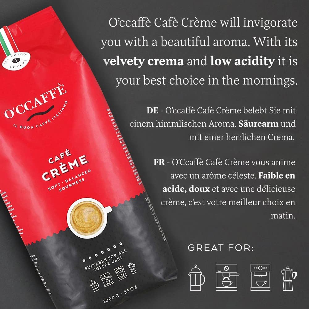 O'CCAFFÈ – Café Crème | 3 x 1 kg ganze Kaffeebohnen | säurearmer, aromatischer Kaffee Crema | extra langsame Trommelröstung aus italienischem Familienbetrieb