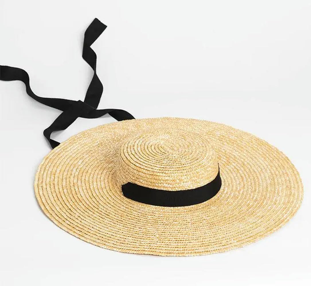 Wide Brim Sun Hat 15cm Brim Straw Hat Flat for Women Beach Caps White Black Ribbon Tie Beach Side Cap Floppy Female Raffia Straw