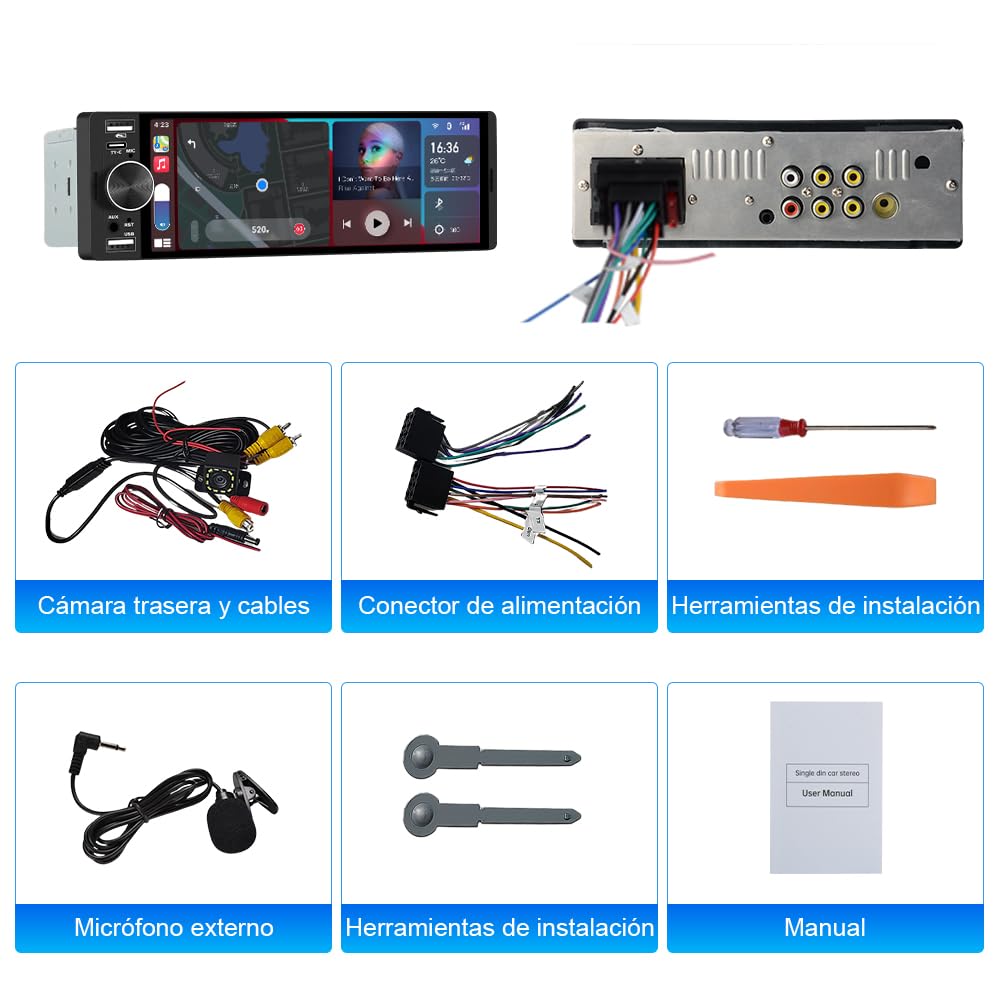 AWESAFE 1 DIN Radio Coche Universal con Pantalla Táctil 6.28 Pulgadas, con CarPlay/AndroidAuto, Admite Carga Type-C/2USB/Micrófono/FM/EQ/GPS/Bluetooth/SWC
