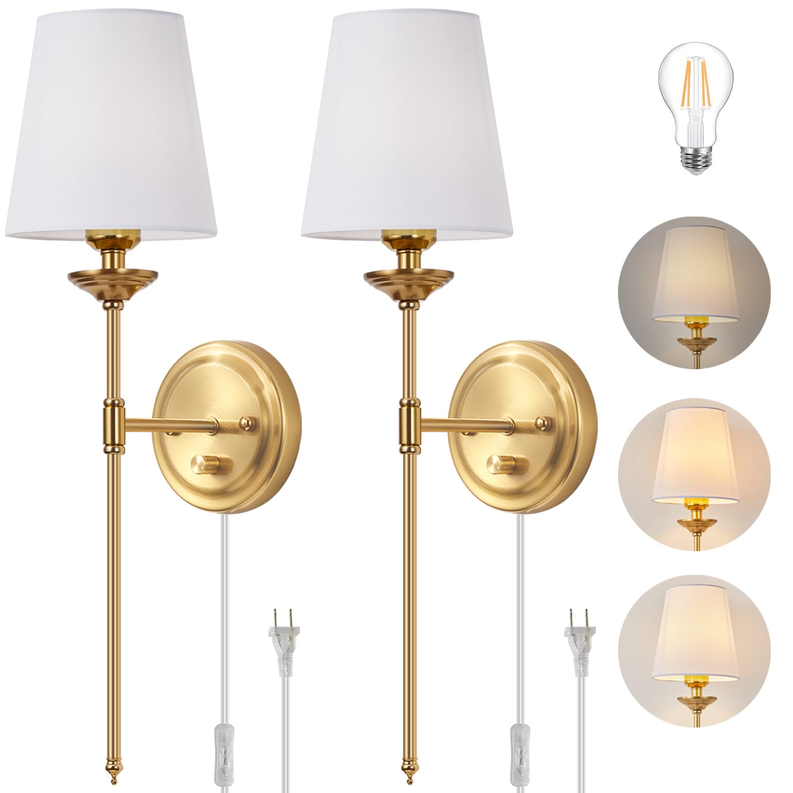 Dimmable Plug in Wall Sconces Set of 2, Gold Plug in Wall Lamp with ...