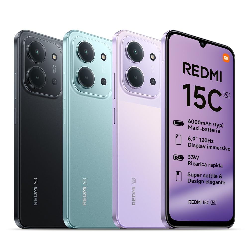 Xiaomi Redmi 15C 5G, Smartphone 4+256GB, Display 6,9" 120Hz, MediaTek Dimensity 6300, processore 5G, Dual camera AI 50MP, Mega batteria da 6000mAh, Garanzia 2 anni, Nero, Caricabatterie non incluso