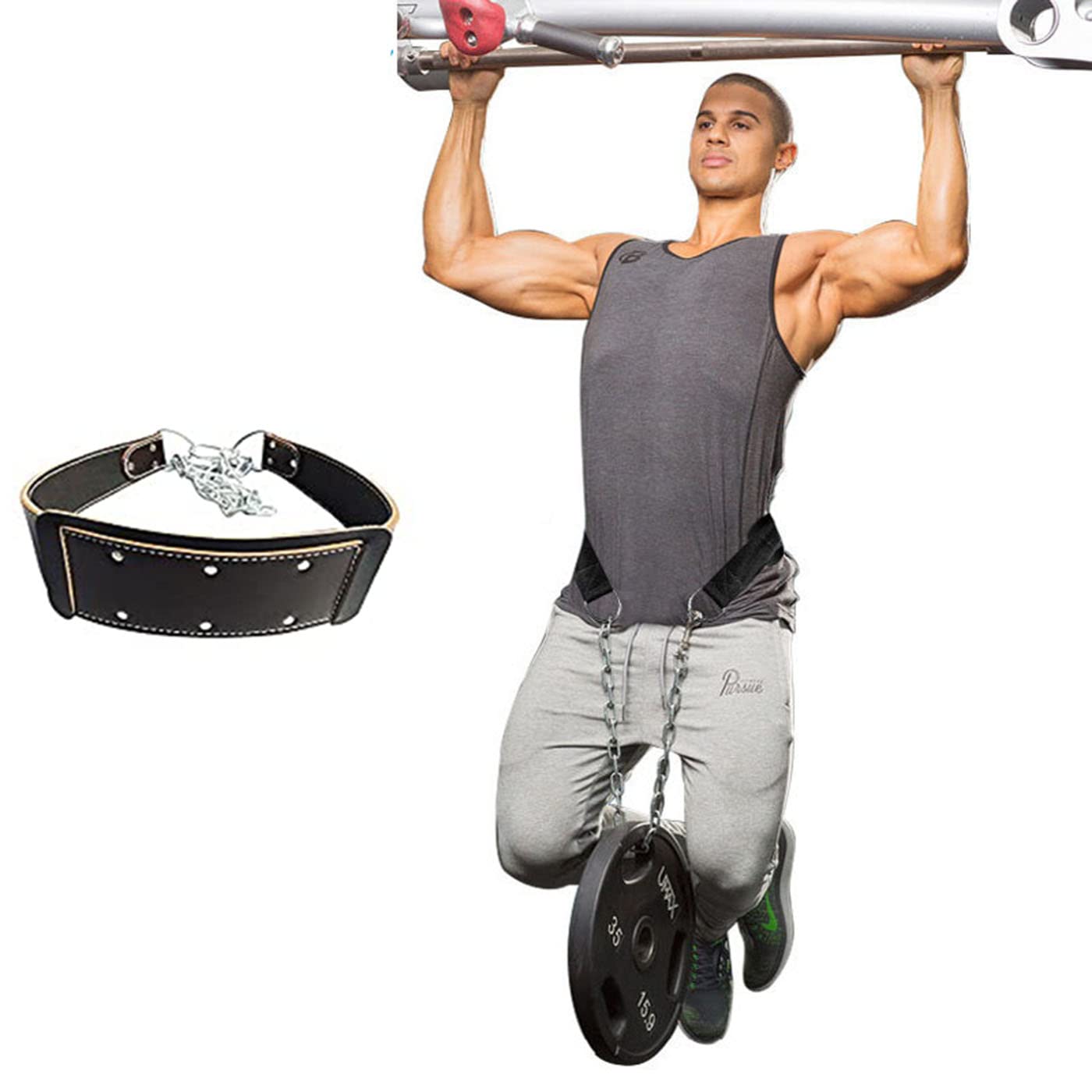 Cintura di immersione con catena per cinghia di sollevamento pesi in vera pelle Pullup Powerlifting