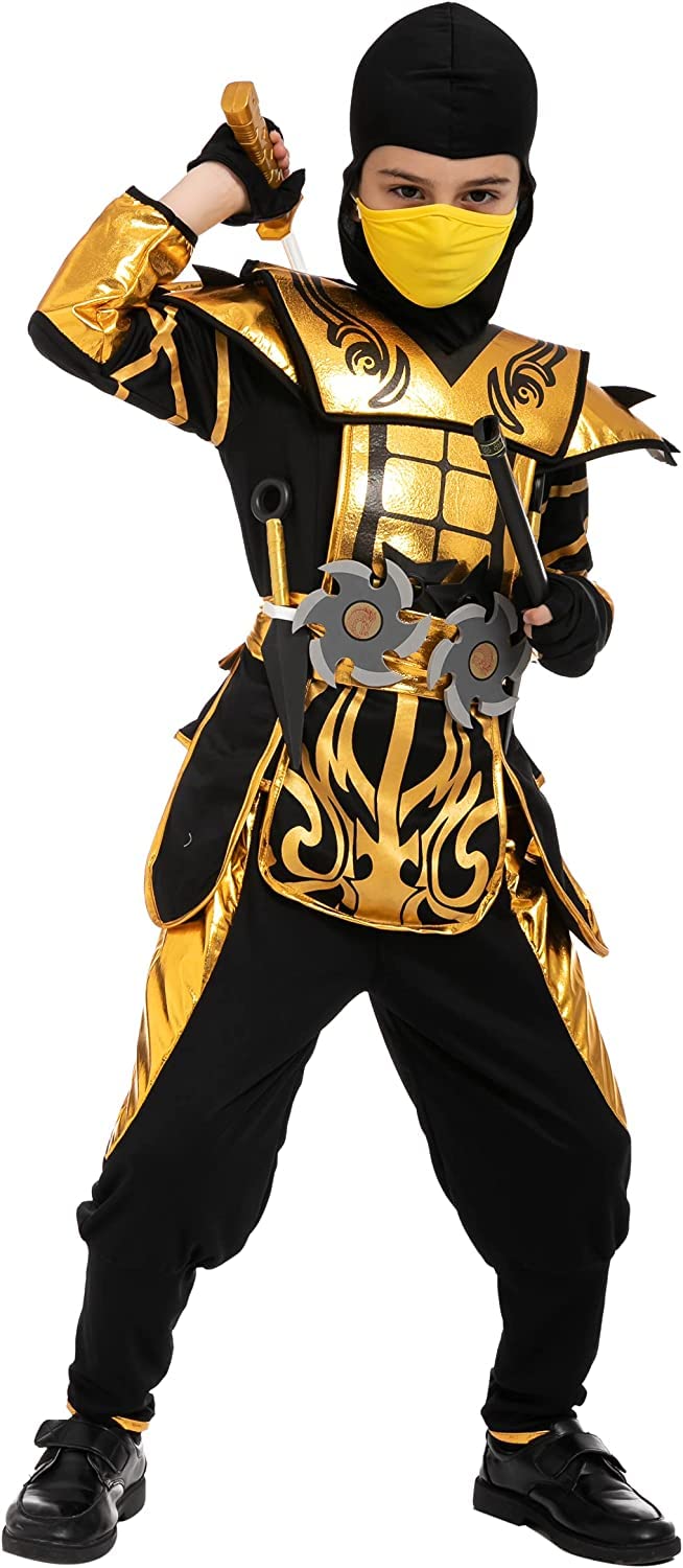 Spooktacular Creations Costume da ninja d'oro per feste a tema ninja per bambini Costume di Halloween da ninja gioco di ruolo Festa di Natale