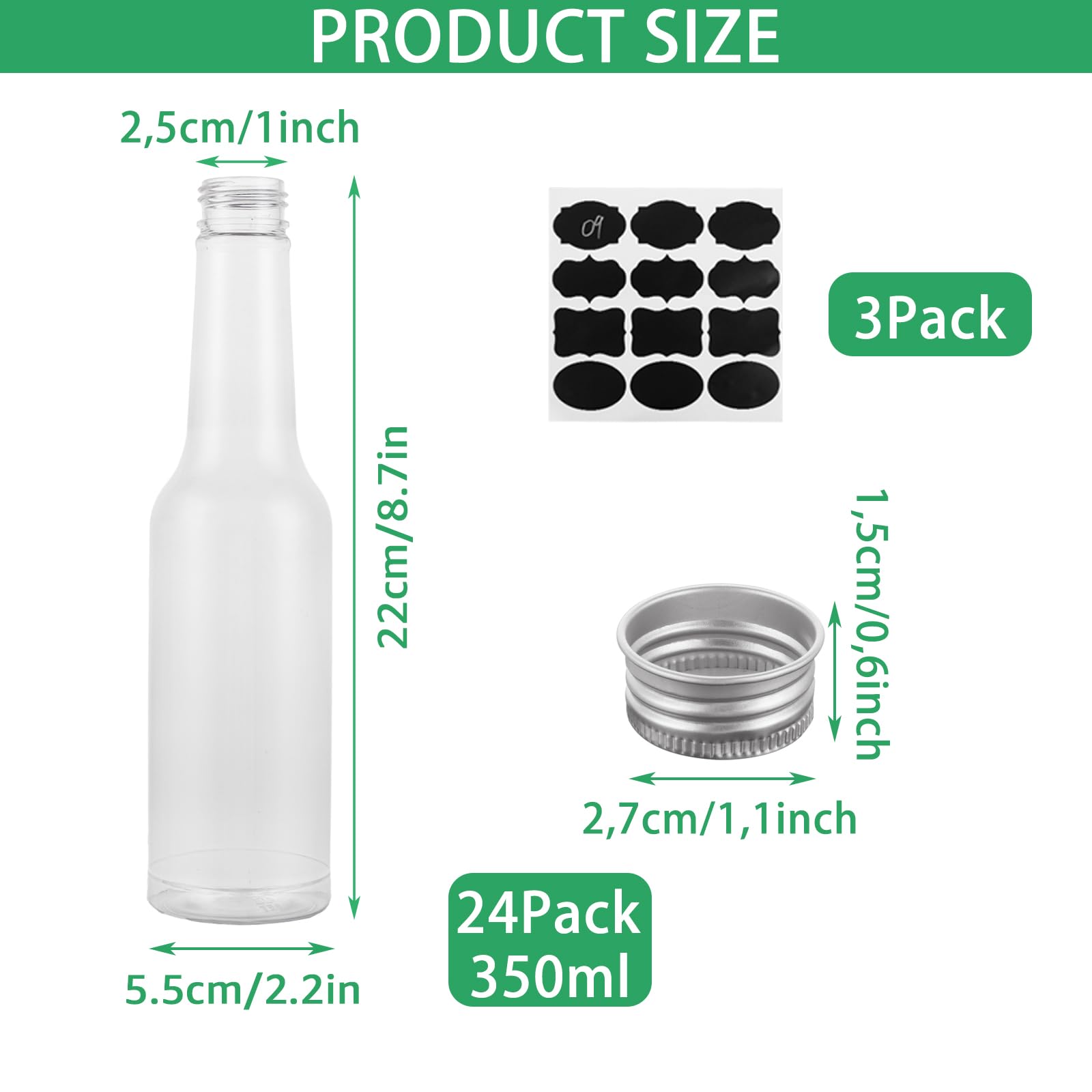 APACALI 24 mini bottiglie di liquore, 350 ml, piccole bottiglie da riempire con tappi a vite e 3 adesivi, bottiglie di liquore in plastica per riempire liquidi per matrimoni, feste