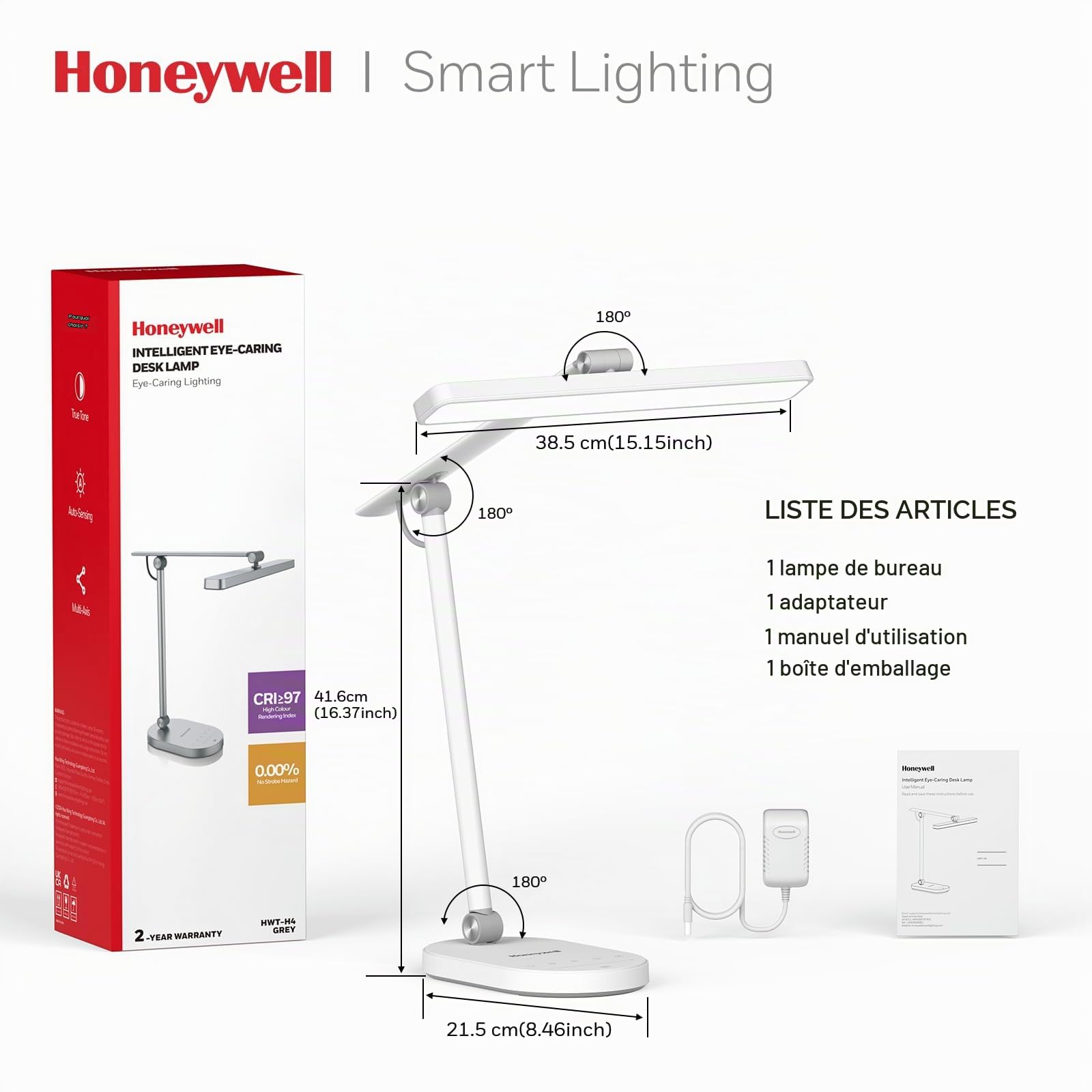 Honeywell HWT-H4 Lampe de Bureau LED, Protection des Yeux, Réglable | 108 LED Sunturalux, CRI≥97, sans scintillement, 3 températures de couleur, 5 niveaux de luminosité, minuterie 60 min